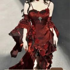 TAVIMART - Hepburn Style Rose Sling Dress Fishtail Skirt Rose Inspired Outfits, Fitted Gothic Dress With Ruffled Skirt, Fairy Grunge Fitted Dresses With Ruffles, Red Gothic Fitted Dress, Red Gothic Corset Dress With Ruffles, Roses Outfit, Gothic Ruffled Corset Dress, Dress Fishtail, Gown Neckline