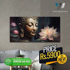 a buddha statue sitting on top of a couch next to a wall mounted art piece