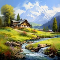 a painting of a mountain scene with a stream running through the foreground and a cabin in the background