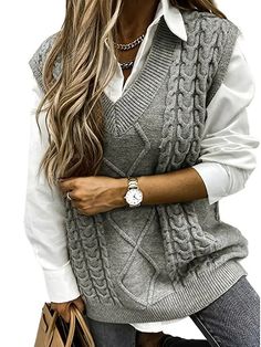 Women's Sweater Vest V Neck Ribbed Cable Knit Patchwork Fall Winter Outdoor Daily Going out Stylish Casual Soft Sleeveless Solid Color Black Wine 2024 - $26.99 Loose Pullover Sweater, Winter Knit Sweater, Oversize Pullover, Sleeveless Sweater Vest, Elegant Sweater, Winter Vest, Winter Pullover, Sweater Vest Women, Loose Pullover