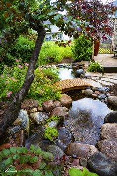 a wooden bridge over a small creek surrounded by rocks and plants in a garden area