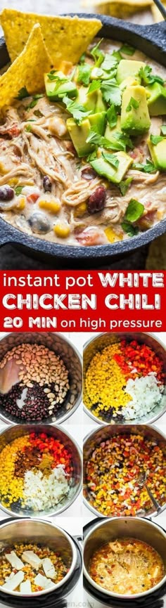 the instructions for white chicken chili are shown in this collage, including tortillas and