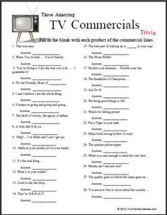 the tv commercials trivia worksheet is shown in black and white with red lettering