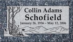 the plaque for collin adams scoffield is shown in black and gray marble with trees on it