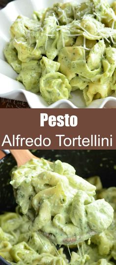 pesto alfredo tortellini in a skillet with a wooden spoon