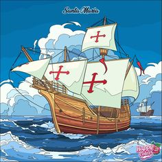 an image of a pirate ship in the ocean with cross on it's sails