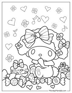 the hello kitty coloring page with hearts and bows on it, as well as flowers