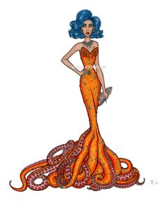 a drawing of a woman in an orange dress with octopus tentacles on the bottom and blue hair