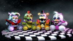 five colorful stuffed animals sitting on top of a checkered table with black and white background