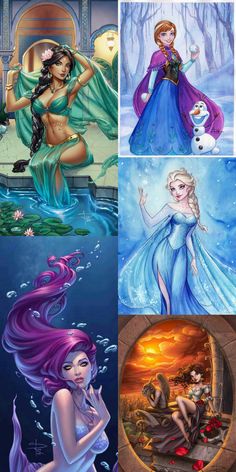 the four princesses from disney's frozen world are depicted in this collage