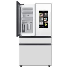 a white refrigerator freezer sitting inside of it's side door open on a white background