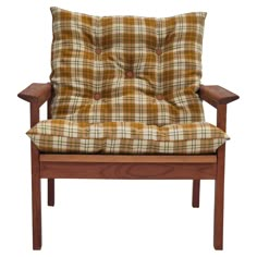 a wooden chair with plaid cushions on it