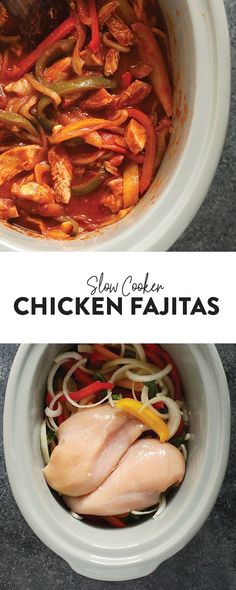 chicken fajitas with peppers and onions in a white bowl