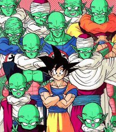 the dragon ball characters are surrounded by green heads