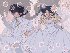 two people dressed in wedding clothes and one is wearing a dress with flowers on it