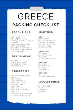 the greek packing checklist is shown on a blue background with white stripes and black lettering