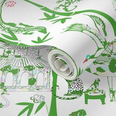 green and white wallpaper with an animal pattern on the back of it's surface