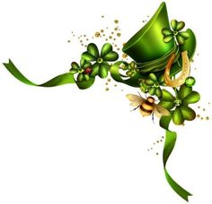 a green hat with clovers and two bees on it's side, surrounded by gold flakes