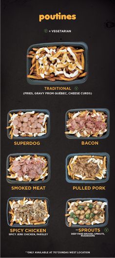 an advertisement with different types of food on it's sides and the words poutiines