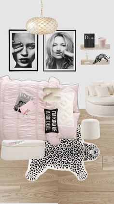 a bedroom with pink and white decor on the walls, leopard print rugs and pictures