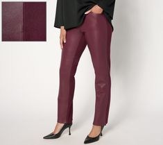 Cool girl in the front, sensible style in the back -- Kim Gravel's faux-leather and ponte pants offer an elevated take on fall fashion.   Revive your wardrobe with this statement piece. The faux-leather front gives this look a luxe touch, while the ponte knit back provides superior structure and stretch for all-day comfort. Designed with a flat waistband to help smooth the midsection and provide support, this standout pant is a prime pick for all occasions.  Pair them with a button-front blouse Kim Gravel, Ponte Pants, Chic Office, Pair Of Pants, Fall Fashion, Cool Girl, Print T Shirt, Autumn Fashion, Faux Leather