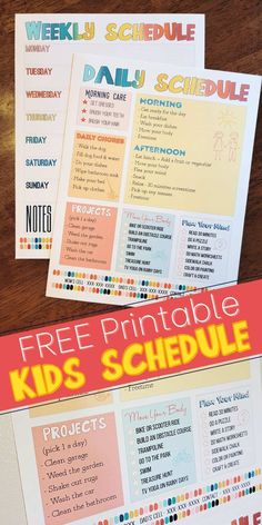 the free printable kids's schedule is displayed on top of a wooden table