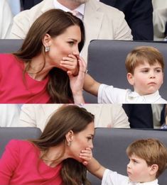 the young boy is touching his mother's hand at a tennis match, and then she