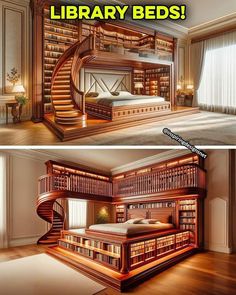 there are two pictures of the same room with bookshelves and stairs in it