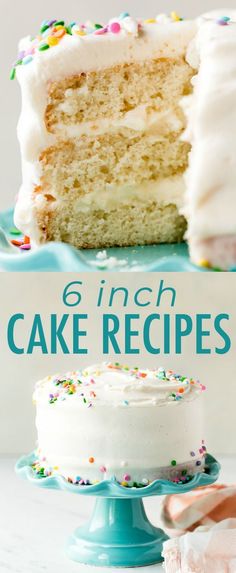 a cake with white frosting and sprinkles sitting on a blue plate