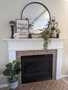 a fireplace with a mirror above it and some potted plants on the mantel