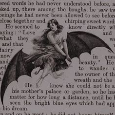 an old book page with a drawing of a woman sitting on top of a bat