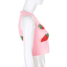 Pink Strawberry Embroidery Tank Sweater Strawberry Vest, Y2k Strawberry, Strawberry Milkshake, Punk Vintage, Distressed Boyfriend Jeans, Knitted Vest, Formal Looks, Sleeveless Vest, 2000s Fashion