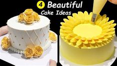 there is a cake decorated with sunflowers and icing on the top, next to another cake that has been cut into pieces