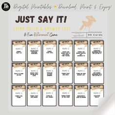 the just say it printable game is shown in white and gold with an image of a