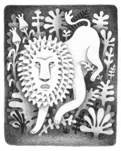 a black and white drawing of a lion surrounded by plants