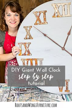 a woman standing next to a large clock with the words diy giant wall clock step by step