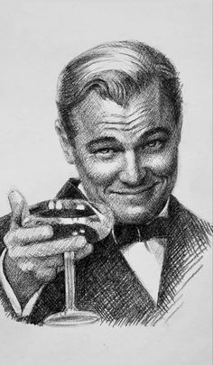 a drawing of a man holding a wine glass in his right hand and smiling at the camera