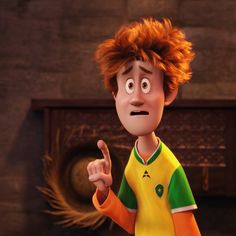 a cartoon boy with red hair pointing to the side and making a hand gesture while standing in front of a fireplace