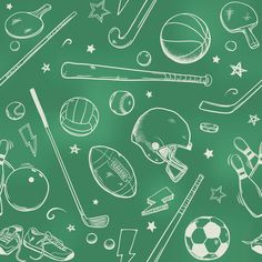 various sports items drawn on a green chalkboard