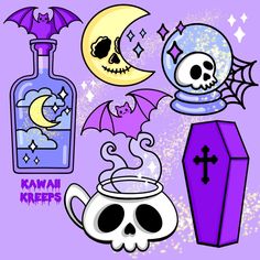 an image of halloween items with skulls and bats