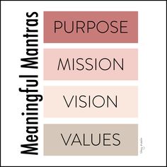 the words purpose mission, vision, and value are shown in three different font styles