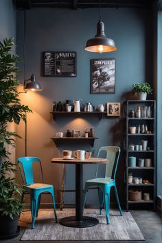 two chairs and a table in a small room with shelves on the wall behind them