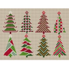 a cross stitch christmas tree pattern with different colors and designs on the bottom, in various sizes