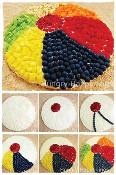 the steps in how to make a rainbow cake with fruit and vegetables on it, including raspberries