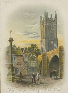 an old postcard with people standing in front of a church