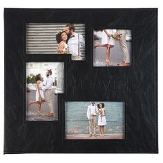 a black leather photo frame with four photos in it and the words love is written below