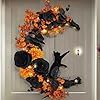 a wreath made out of black cats and orange flowers on the front door to a house