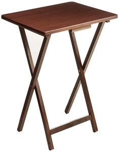 a small wooden table with two legs and a tray on the top that holds something