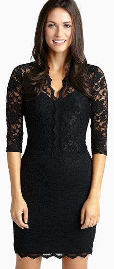 Ebony lace lavishes a curve-hugging sheath styled with a scalloped V-neckline and sheer three-quarter sleeves. Work Christmas Party Dress, Christmas Party Dress Classy, Cocktail Dress Winter, Winter Date Night Outfits, Chiffon Floral, Christmas Party Dress, Karen Kane, Lace Sheath Dress, Black Lace Dress