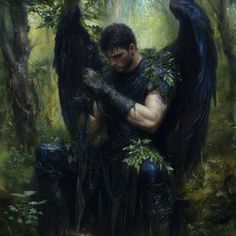 a painting of a man sitting in the woods with two black birds on his arm